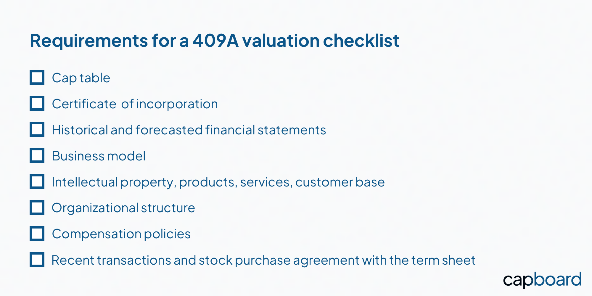 The 409A valuation checklist with the information that can be required.