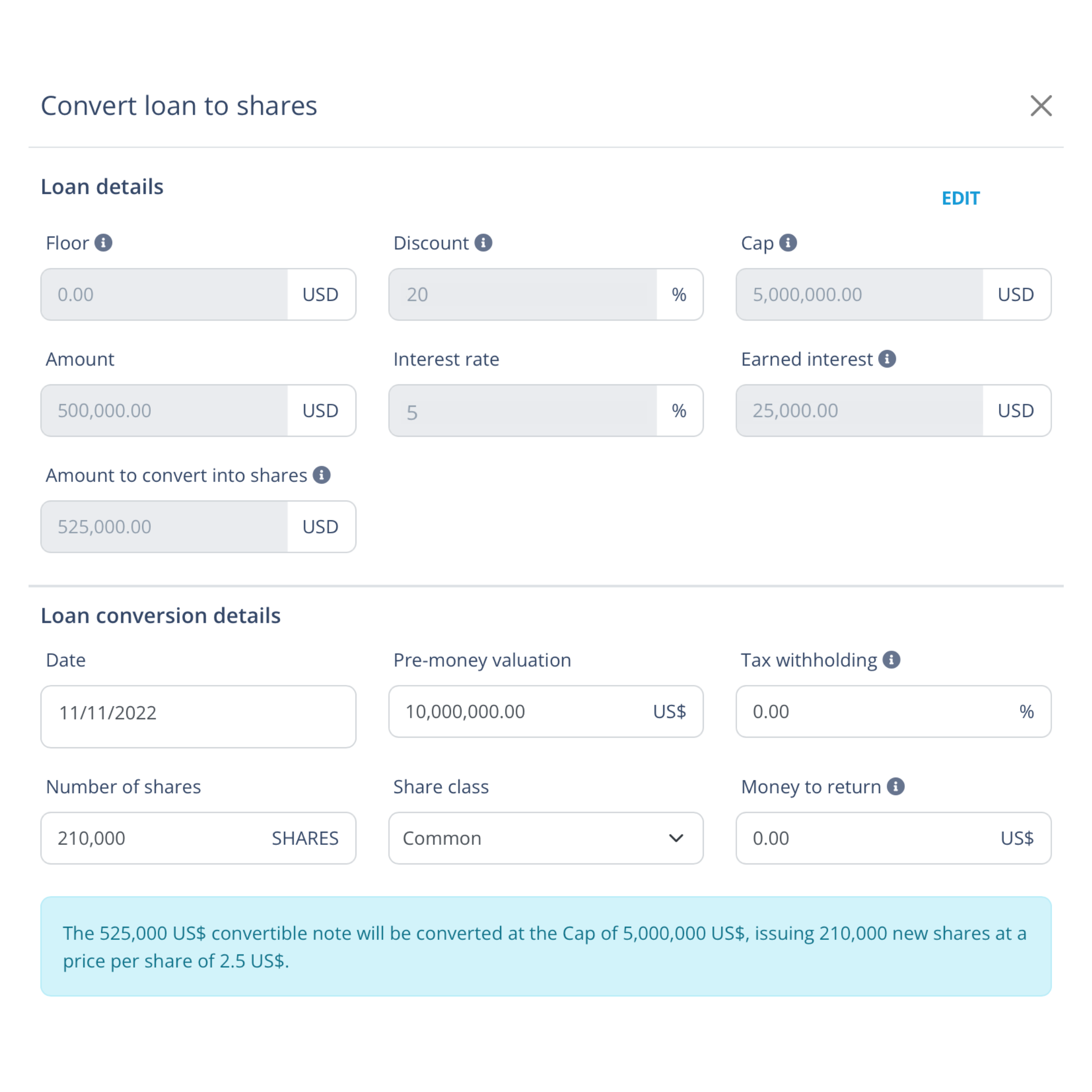 Convertible note to equity