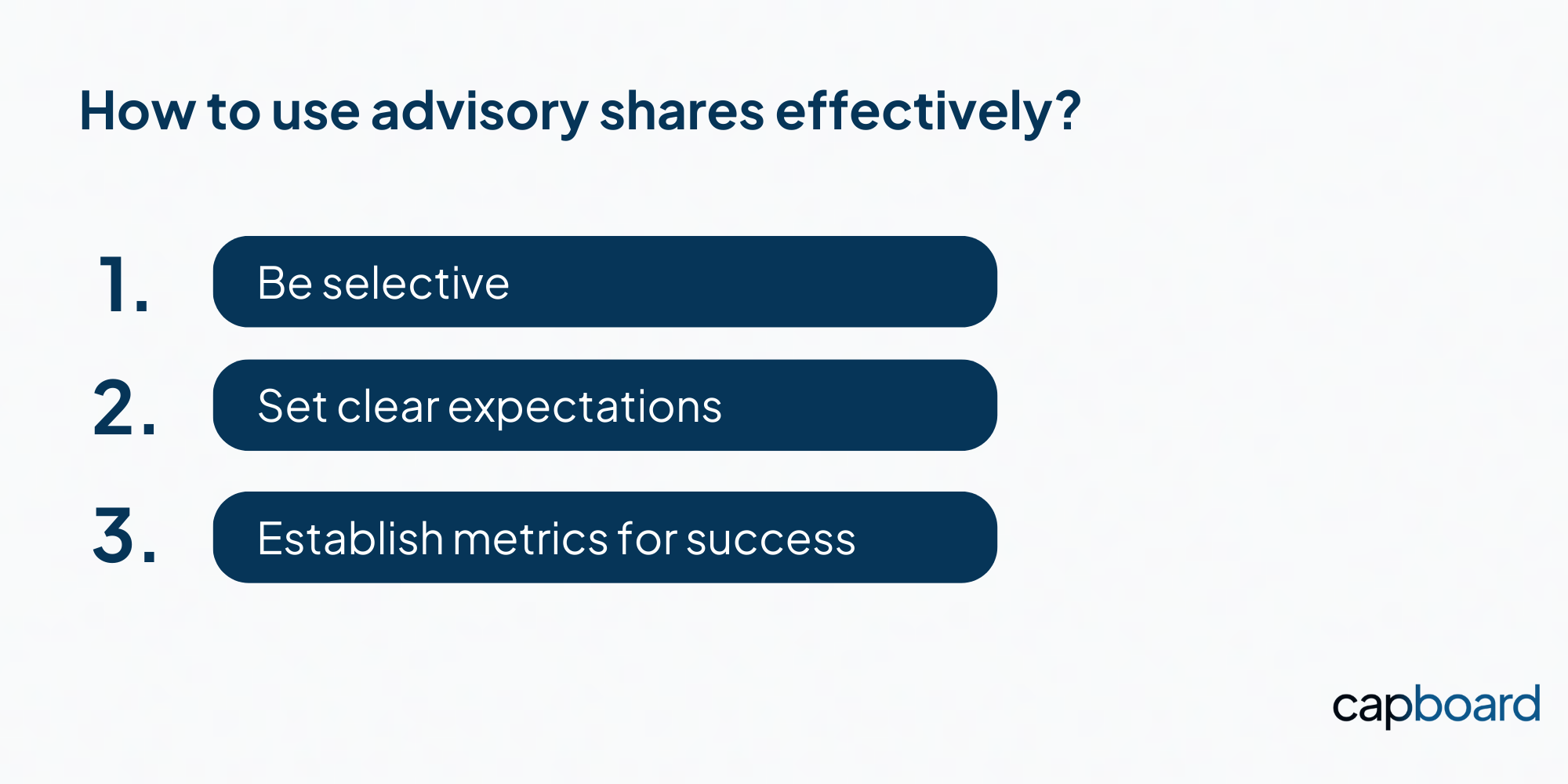 3 tips on how to use advisory shares effectively: be selective, set clear expectations and establish metrics for success of advisors.