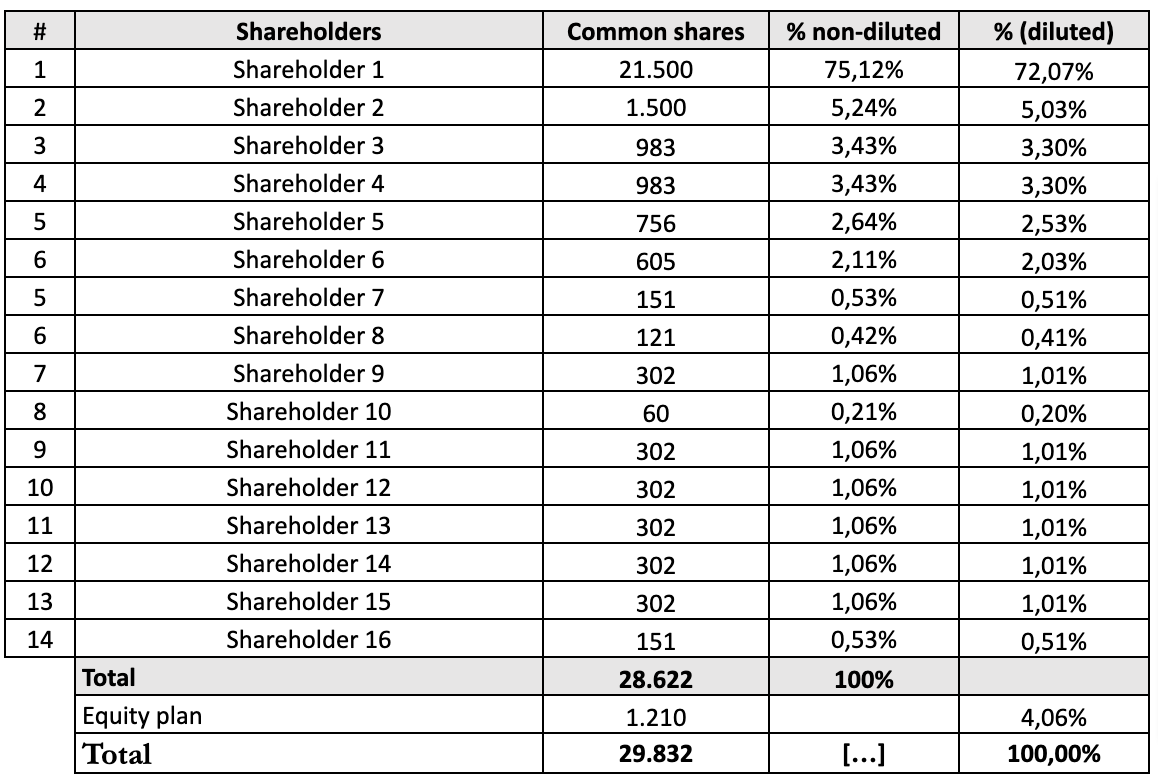 Cap table: template and examples